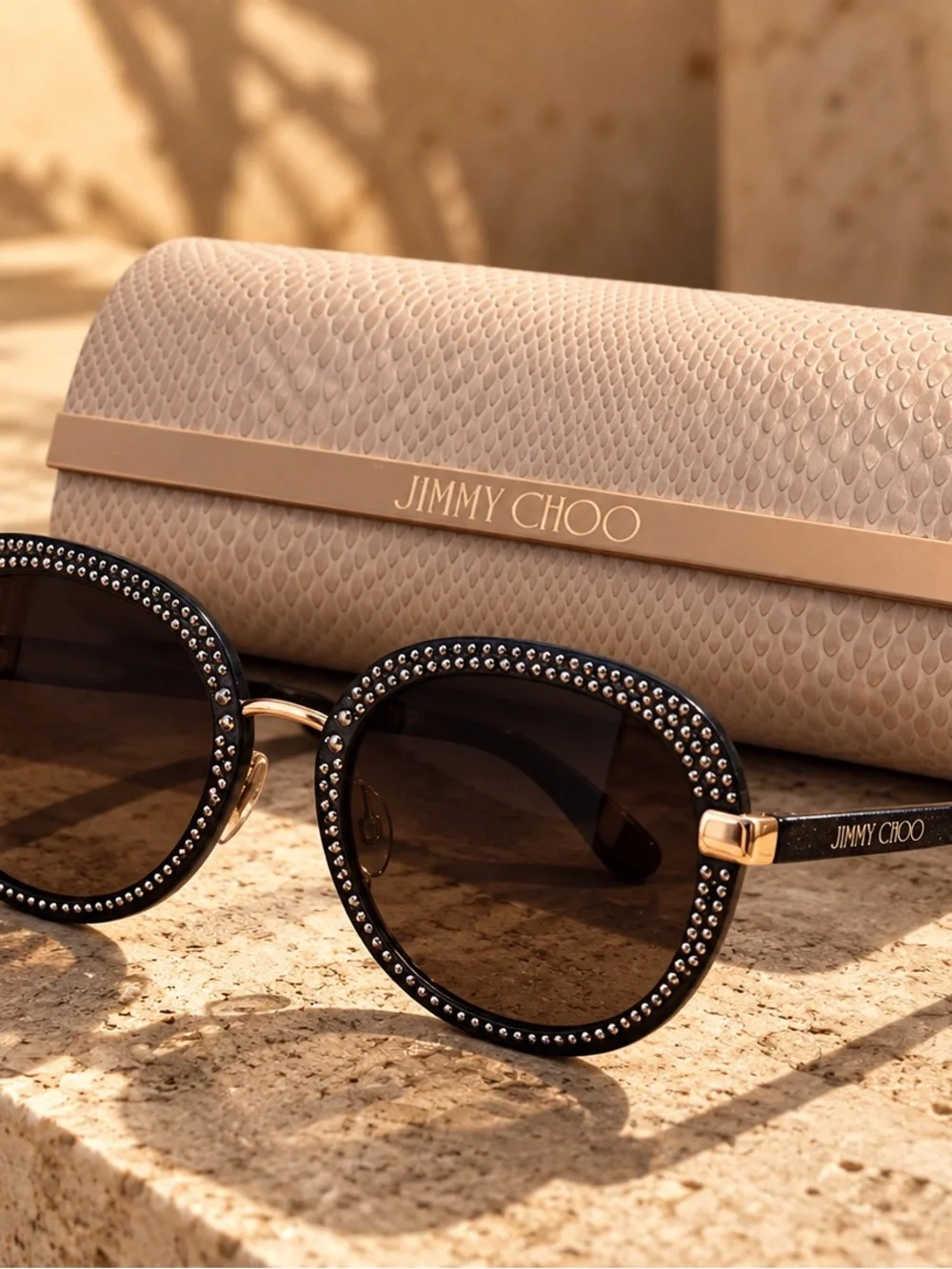 Jimmy Choo Black and Gold Crystal-Trim Round Sunglasses